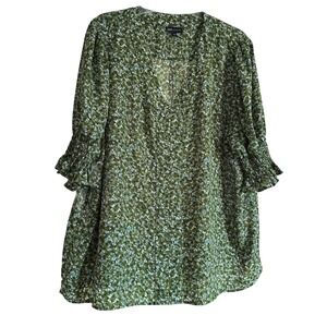 Jones New York Womens Plus Sz 2X Green Floral Print V Neck Ruffle Sleeve Top